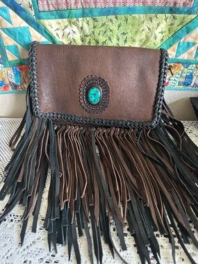 American Darling Brown Leather Fringe Crossbody with Turquoise Accent